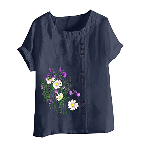 Ladies Flower Printing Tee Shirts 2023 Summer Short Sleeves Tops T-Shirt Crew Neck Loose Fit Blouses Tshirt Work Top G2-Navy 3X-Large