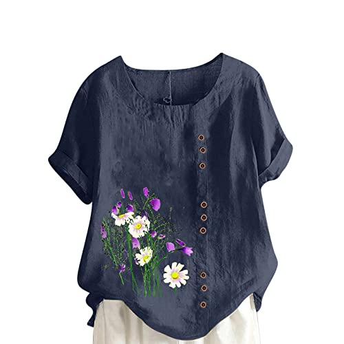 Ladies Flower Printing Tee Shirts 2023 Summer Short Sleeves Tops T-Shirt Crew Neck Loose Fit Blouses Tshirt Work Top G2-Navy 3X-Large