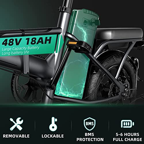 ECMRAD Teens Solo Cycling Electric Bicycle 21MPH Electric Commuter City Bicycles Folding Electric Bike with 500W Motor 14 inch Portable Small Ebike for Adults 48V 18AH Removable Battery