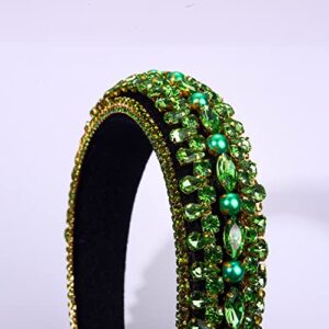 CEALXHENY St.Patrick's Day Headband Green Rhinestone Padded Headbands for Women Luxury Crystal Embellished Hairbands Bejewelled Wide Velvet Headbands Irish Holiday Headwear (B Green)