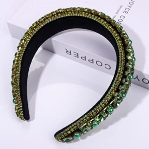 CEALXHENY St.Patrick's Day Headband Green Rhinestone Padded Headbands for Women Luxury Crystal Embellished Hairbands Bejewelled Wide Velvet Headbands Irish Holiday Headwear (B Green)