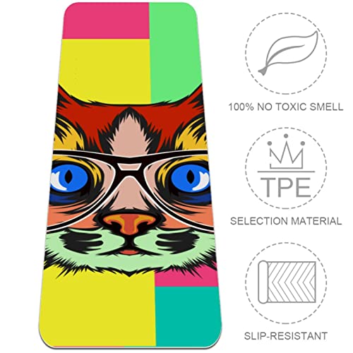 Yoga Mat, Yoga Mats for Home Workout, Workout Mat, Exercise Mats, Pilates Mat, Glasses Color Cat Abstract