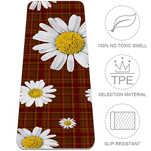 Yoga Mat, Yoga Mats for Home Workout, Workout Mat, Exercise Mats, Pilates Mat, Brown Red Retro Plaid Daisy Flower