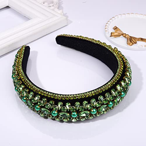 CEALXHENY St.Patrick's Day Headband Green Rhinestone Padded Headbands for Women Luxury Crystal Embellished Hairbands Bejewelled Wide Velvet Headbands Irish Holiday Headwear (B Green)