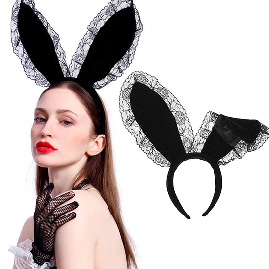 Aceorna Black Lace Bunny Ears Headbands Sexy Floral Hairbands Playboy Rabbit Ears Hair Hoop Party Decoration Cosplay Headdress Costume Headwear for Halloween,Masquerade,Nightclubs