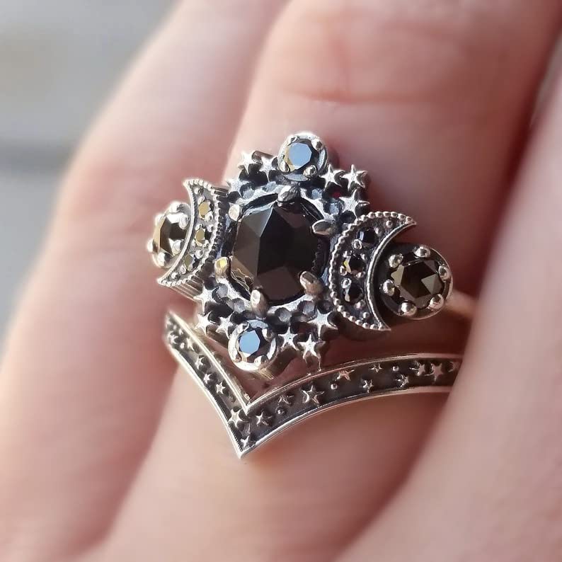 twinkle eye Triple Moon Goddess Ring Set Black Crystal Star Wicca Pagan Cresent For Women Wedding Engagement Wiccan Jewelry(Size 9)