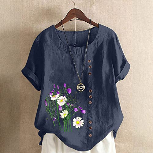 Ladies Flower Printing Tee Shirts 2023 Summer Short Sleeves Tops T-Shirt Crew Neck Loose Fit Blouses Tshirt Work Top G2-Navy 3X-Large