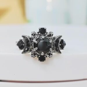 twinkle eye Triple Moon Goddess Ring Set Black Crystal Star Wicca Pagan Cresent For Women Wedding Engagement Wiccan Jewelry(Size 9)