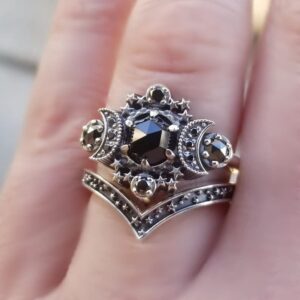 twinkle eye Triple Moon Goddess Ring Set Black Crystal Star Wicca Pagan Cresent For Women Wedding Engagement Wiccan Jewelry(Size 9)