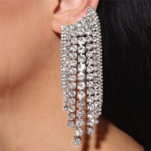 xerling rhinestones fringe chain boho chandelier tassel earrings for women statement silver crystal earrings dangling bridal wedding earrings