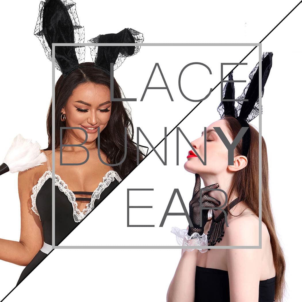 Aceorna Black Lace Bunny Ears Headbands Sexy Floral Hairbands Playboy Rabbit Ears Hair Hoop Party Decoration Cosplay Headdress Costume Headwear for Halloween,Masquerade,Nightclubs