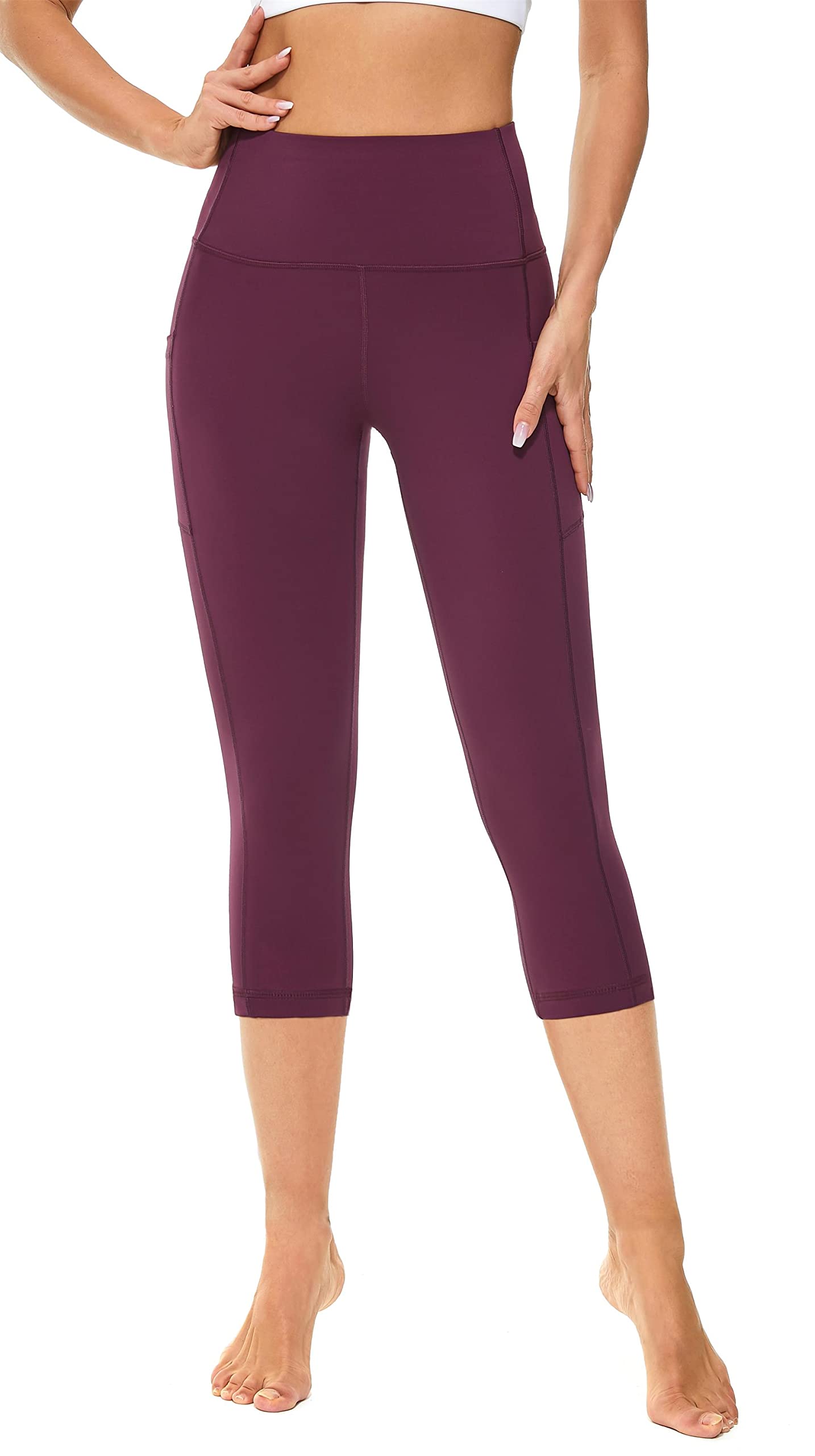 Sugar Pocket Women's High Waist Yoga Pants with Pockets?Workout Running Yoga Leggings for Women M, Dark Red Capri