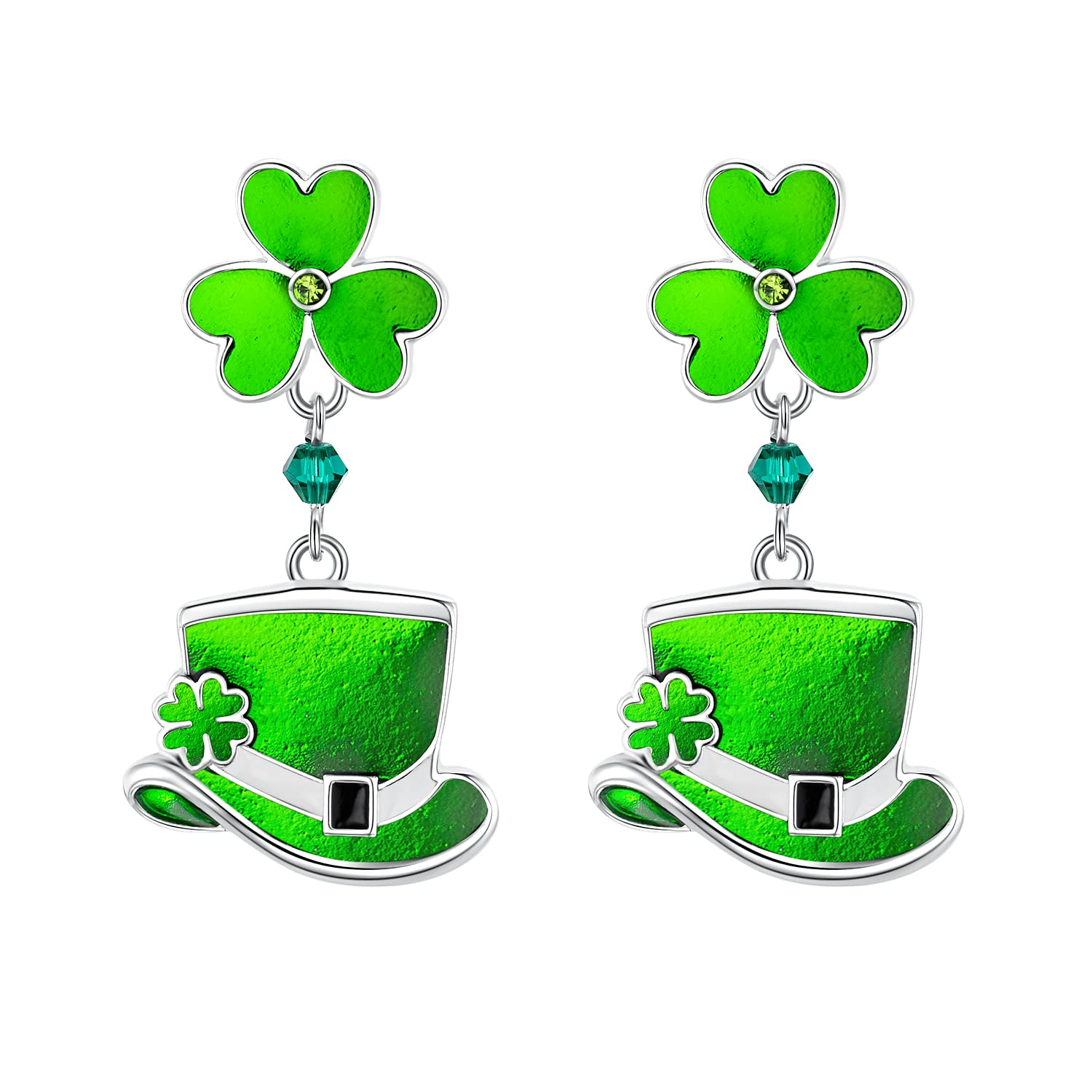 St. Patrick's Day Earrings, St Patricks Day Accessories, Shamrock Earrings, Stud Earrings for Women, 3-leaf Clover with Green Top Hat Drop Dangle Earrings for Women, E04A