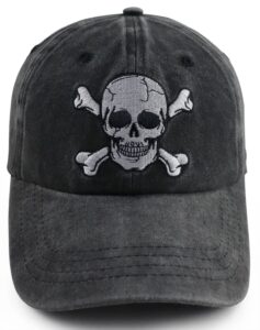 skeleton skull decor hats for men women, funny embroidered skull and crossbones baseball cap, adjustable washed distressed vintage halloween decorations hat for mom dad grandpa grandma friends black