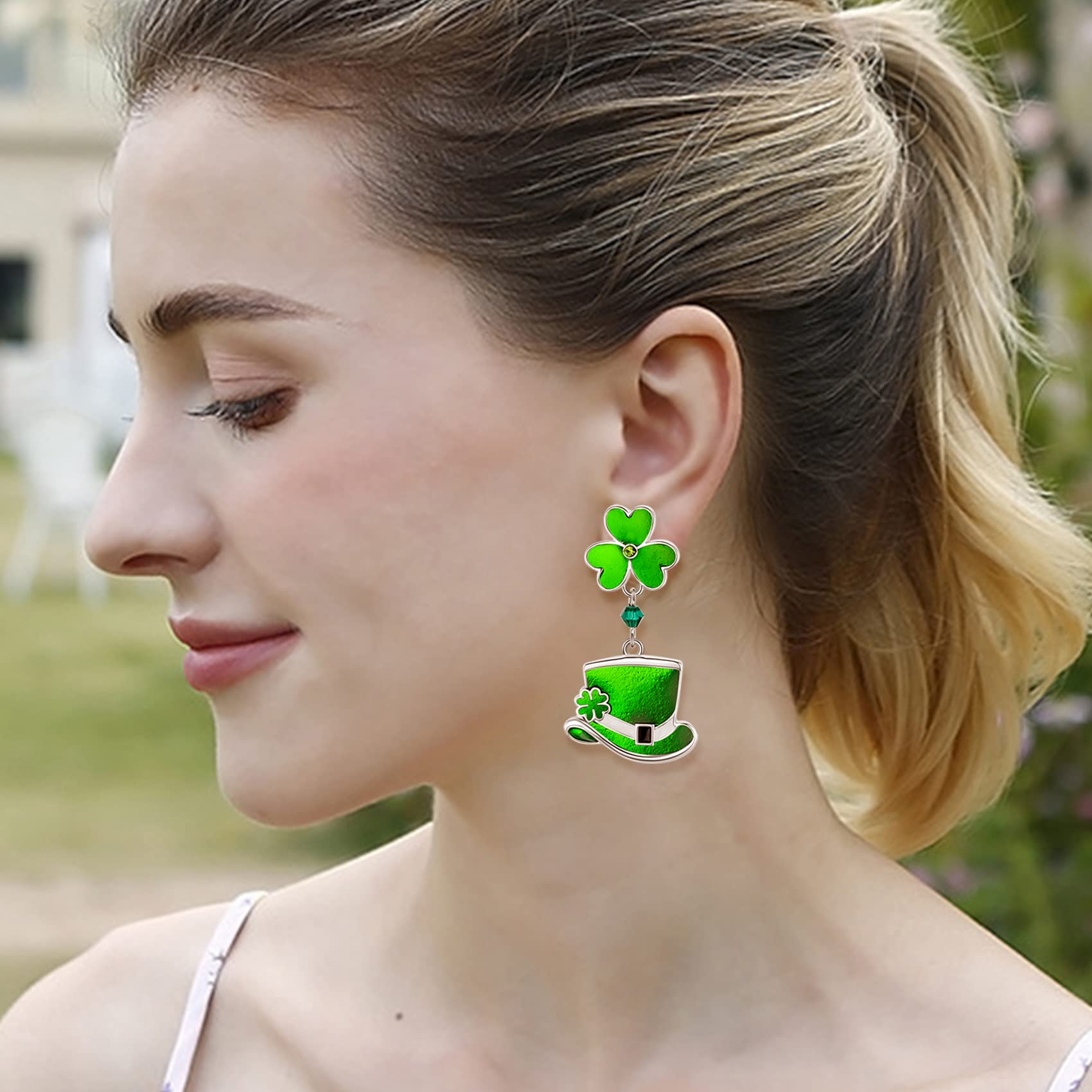 St. Patrick's Day Earrings, St Patricks Day Accessories, Shamrock Earrings, Stud Earrings for Women, 3-leaf Clover with Green Top Hat Drop Dangle Earrings for Women, E04A