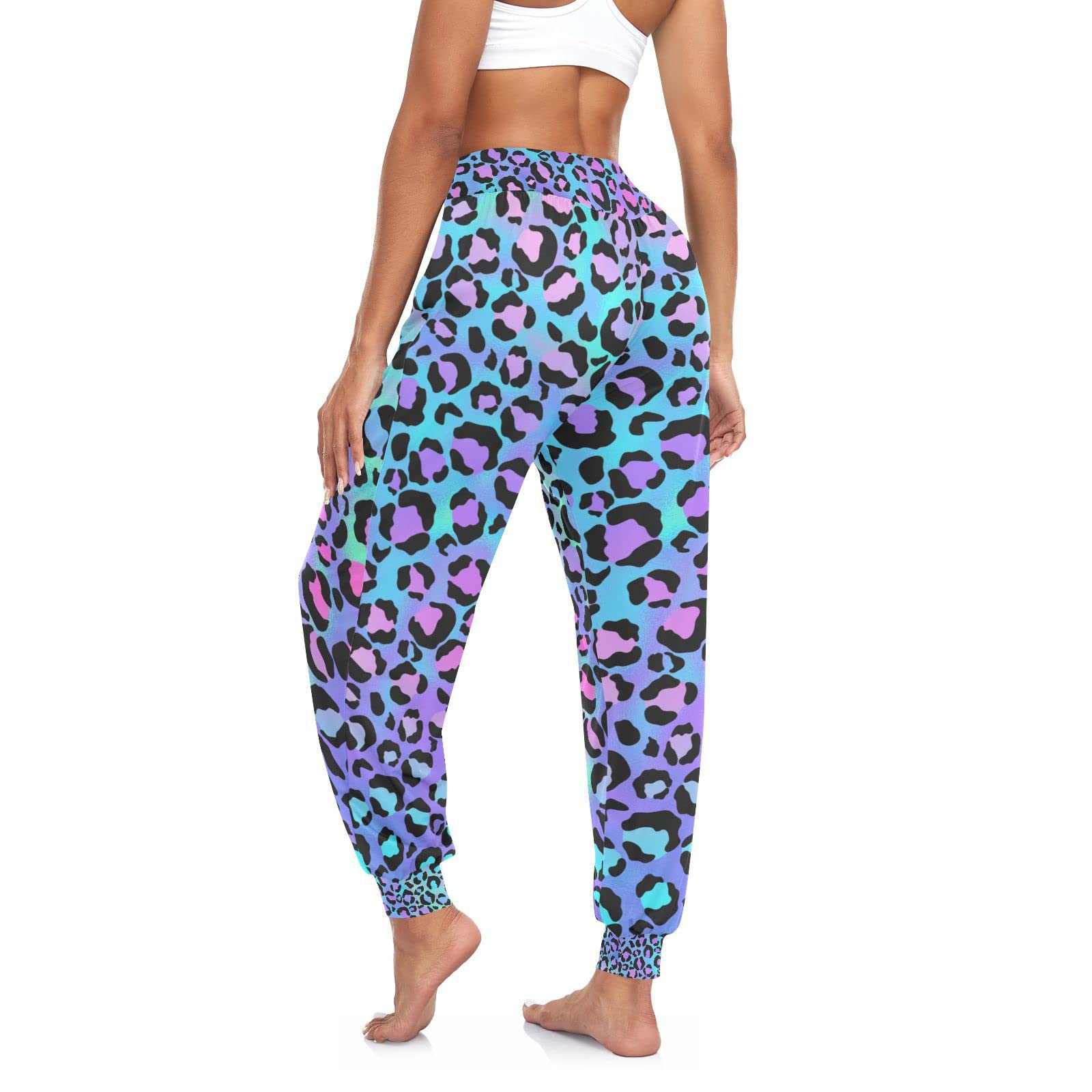 Aflyko Leopard Print Neon Women Dance Pants Boho Trousers Yoga Sweatpants Moisture-Wicking Casual Pants Sportwear L