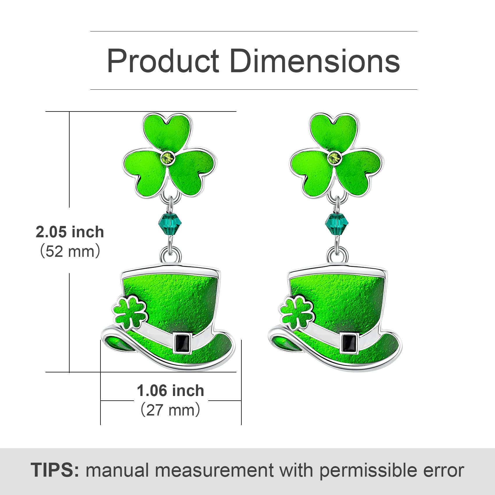 St. Patrick's Day Earrings, St Patricks Day Accessories, Shamrock Earrings, Stud Earrings for Women, 3-leaf Clover with Green Top Hat Drop Dangle Earrings for Women, E04A