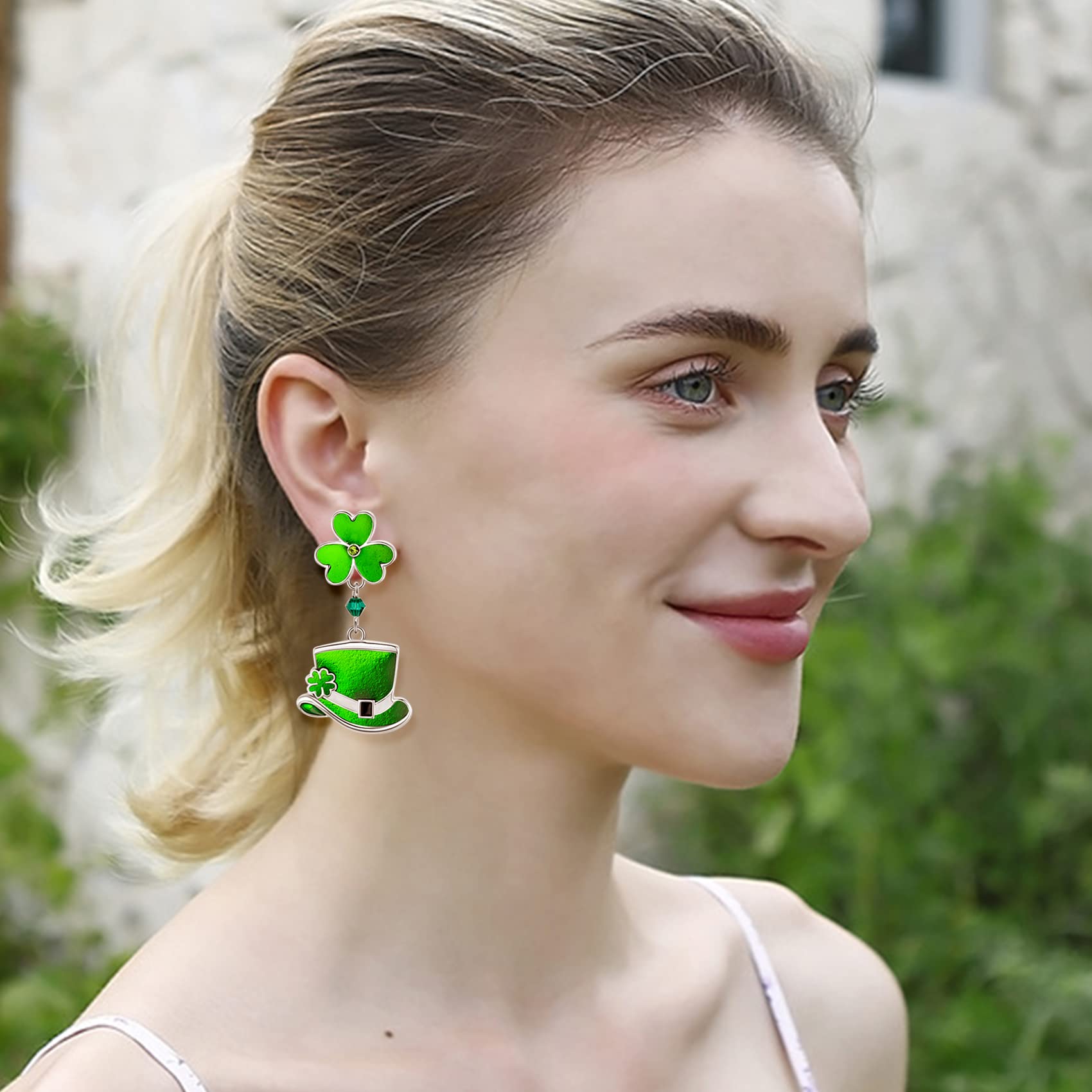 St. Patrick's Day Earrings, St Patricks Day Accessories, Shamrock Earrings, Stud Earrings for Women, 3-leaf Clover with Green Top Hat Drop Dangle Earrings for Women, E04A