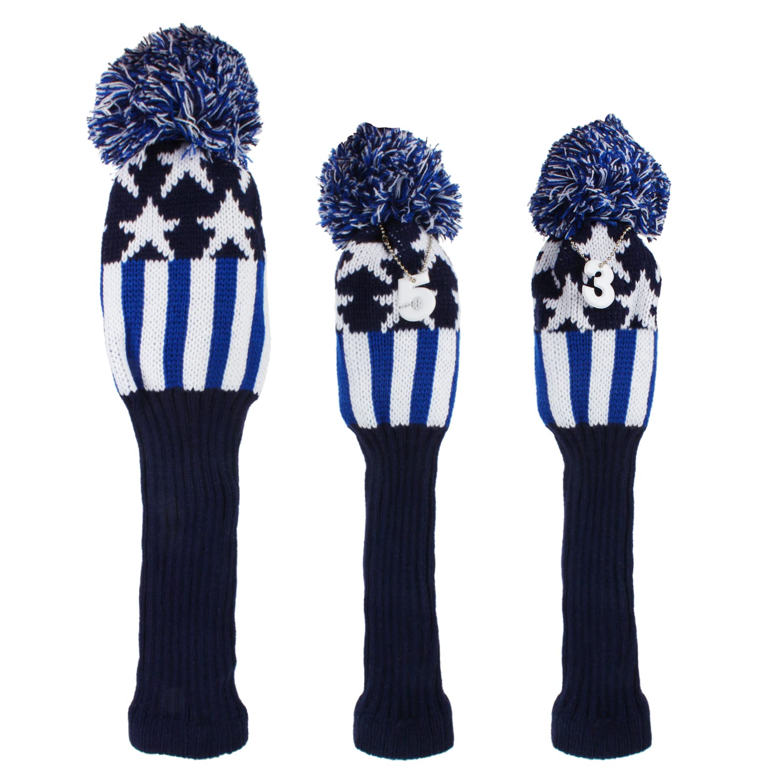 Andux 3Pack/Set Knit Pom Pom Golf 460cc Driver Fairway Wood Club Head Covers Blue Stripe MT/MG77