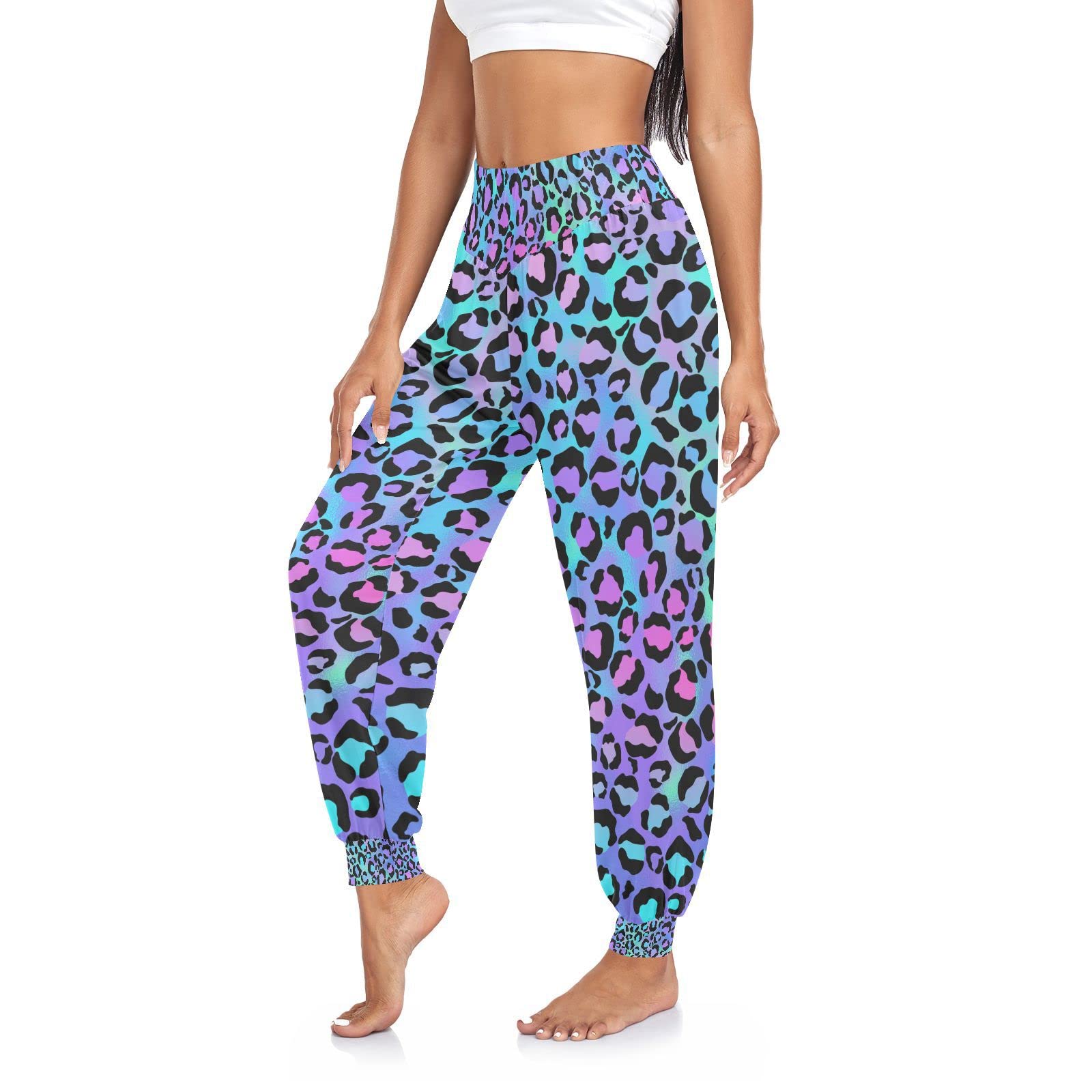 Aflyko Leopard Print Neon Women Dance Pants Boho Trousers Yoga Sweatpants Moisture-Wicking Casual Pants Sportwear L