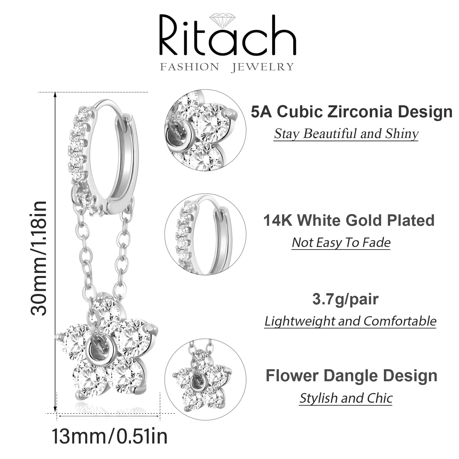 Ritach 925 Sterling Silver Small Huggie Hoop Earrings for Women Trendy 14K Gold Plated Chunky Chain Hoop Flower Dangle Drop Earrings