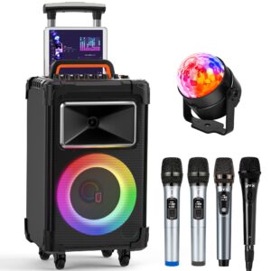 JYX Karaoke Machine with 4 Mics and Disco Light, Livestream Speaker PA System Sbuwoofer with 8 Sound Effects,Lyrics Display Holder,LED Lights,Treble/Bass Adjustment, Support TWS/REC/FM/USB/SD/AUX-in