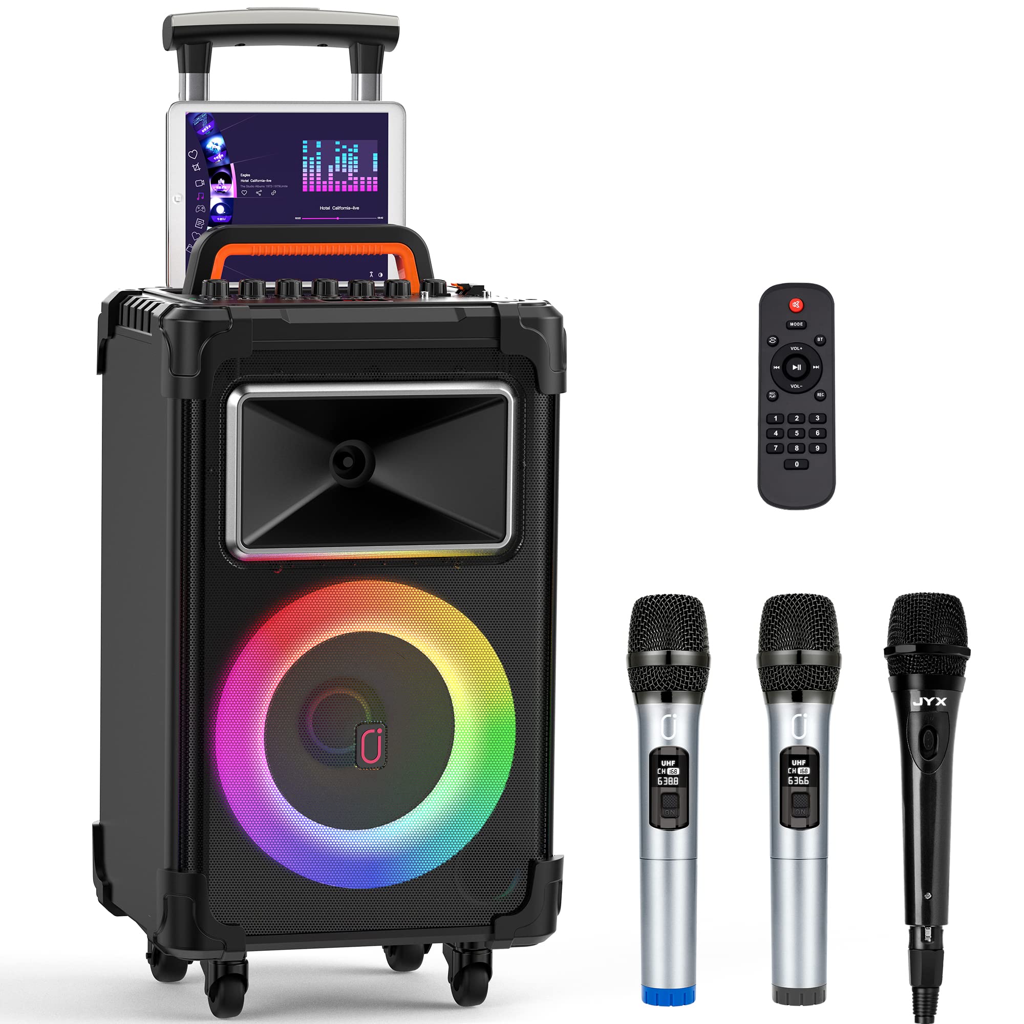 JYX Karaoke Machine with 3 Microphones,Livestream Speaker PA System Sbuwoofer with 8 Sound Effects,Lyrics Display Holder,LED Lights,Treble/Bass Adjustment, Support TWS/REC/FM/USB/SD/AUX-in