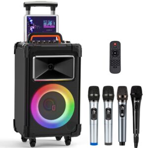 JYX Karaoke Machine with 4 Microphones,Livestream Speaker PA System Sbuwoofer with 8 Sound Effects,Lyrics Display Holder,LED Lights,Treble/Bass Adjustment, Support TWS/REC/FM/USB/SD/AUX-in