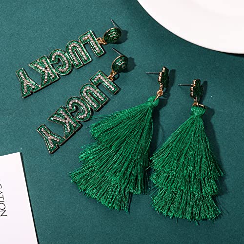 St Patricks Day Earrings for Women, Green Shamrock Earrings Letter Good Luck Irish Earrings Layered Tassel Earrings, St. Patricks Day Accessories Holiday Gifts (Lucky 2)