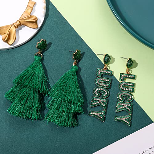 St Patricks Day Earrings for Women, Green Shamrock Earrings Letter Good Luck Irish Earrings Layered Tassel Earrings, St. Patricks Day Accessories Holiday Gifts (Lucky 2)