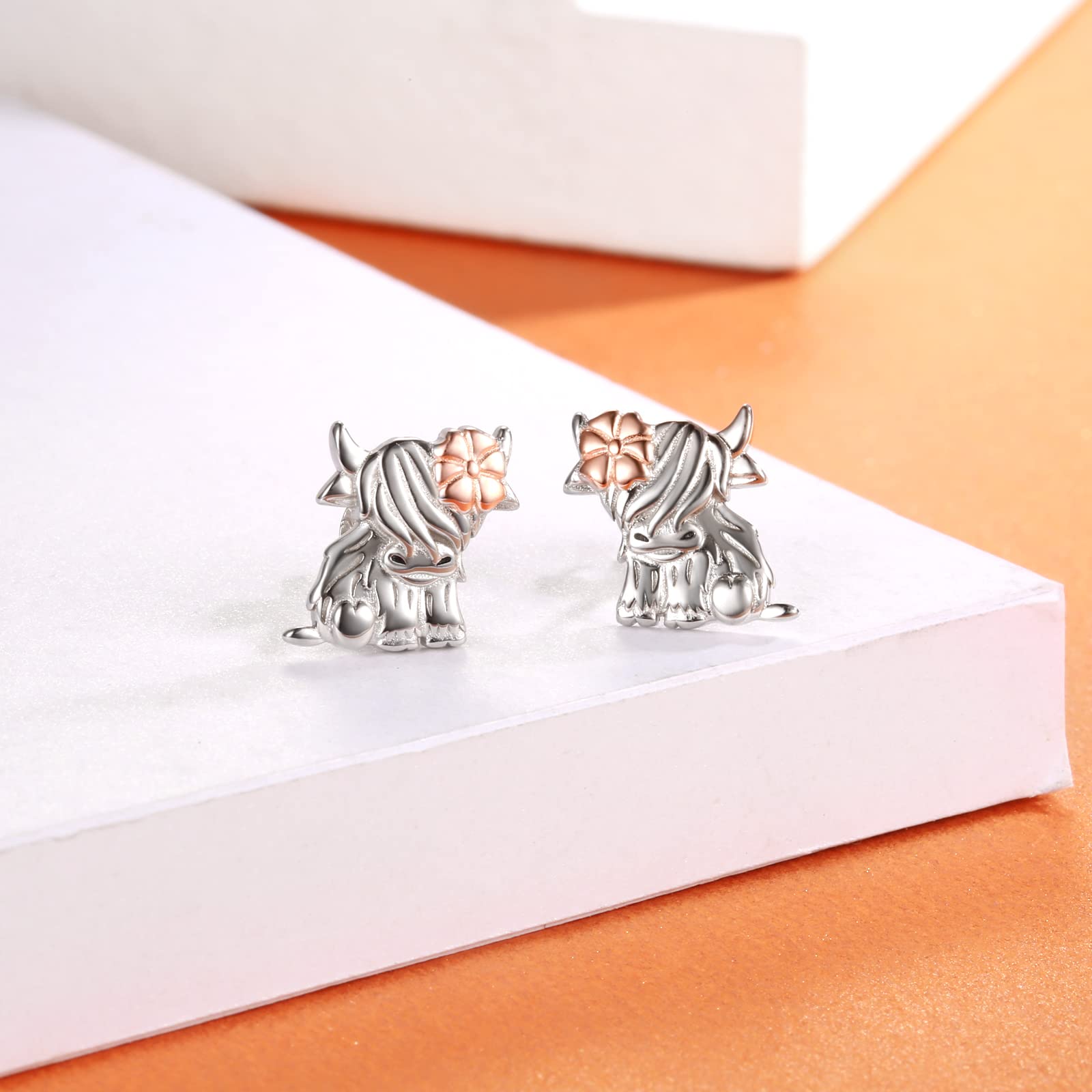 925 Sterling Silver Highland Cow Earrings Stud Necklace Hypoallergenic Animal Jewelry Gifts for Women Cow Lover (Earrings)