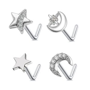 BODY16G CZCZ 4Pcs 20G Star Nose Rings 316L Stainless Steel L Shaped Moon Nose Studs Nose Rings Nose Piercing Jewelry for Women Men