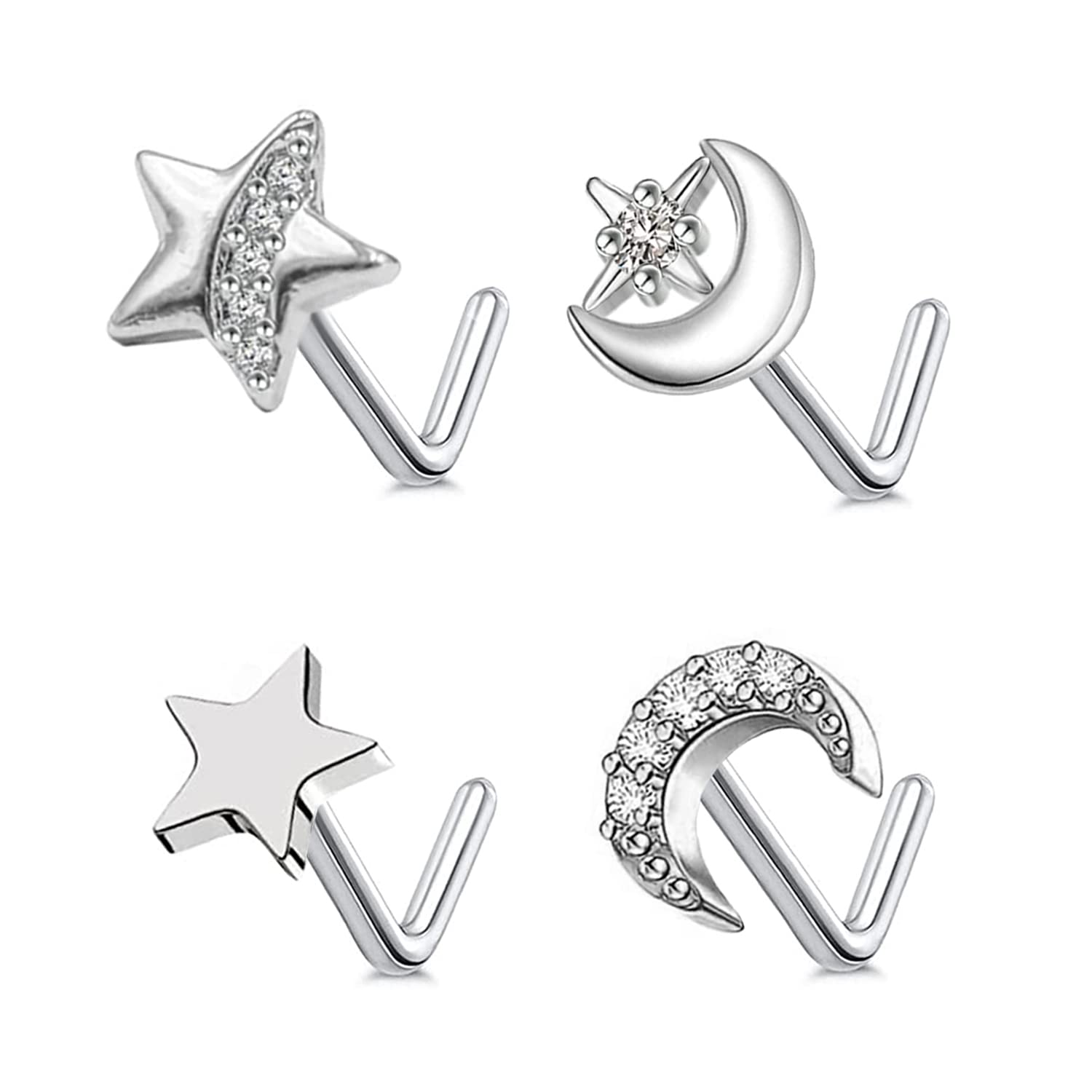 BODY16G CZCZ 4Pcs 20G Star Nose Rings 316L Stainless Steel L Shaped Moon Nose Studs Nose Rings Nose Piercing Jewelry for Women Men