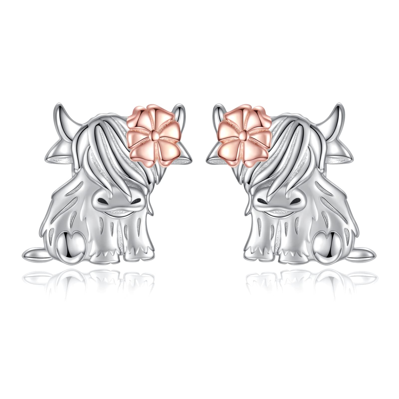 925 Sterling Silver Highland Cow Earrings Stud Necklace Hypoallergenic Animal Jewelry Gifts for Women Cow Lover (Earrings)