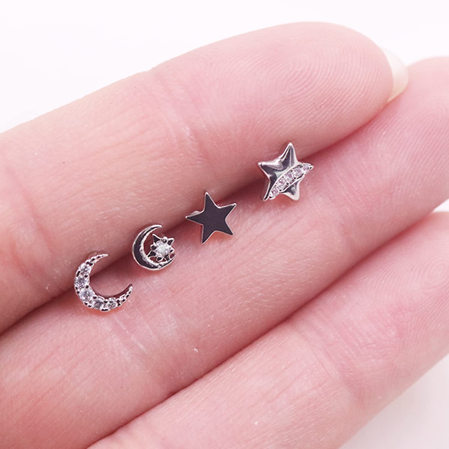 BODY16G CZCZ 4Pcs 20G Star Nose Rings 316L Stainless Steel L Shaped Moon Nose Studs Nose Rings Nose Piercing Jewelry for Women Men