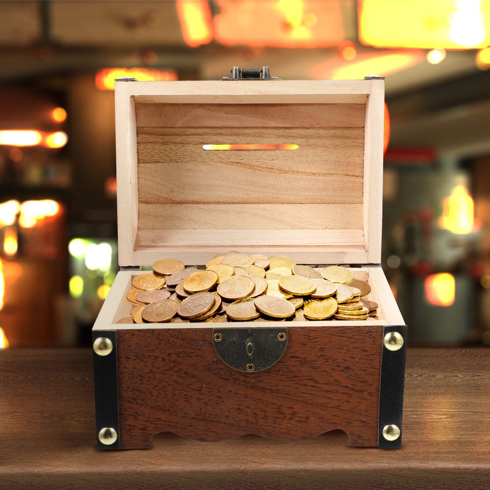 VICASKY Wooden Treasure Chest Box, Vintage Wooden Treasure Chest, Retro Wooden Treasure Chest Storage Box, Wood Treasure Organizer Coin Box Piggy Bank with Lock & Keys