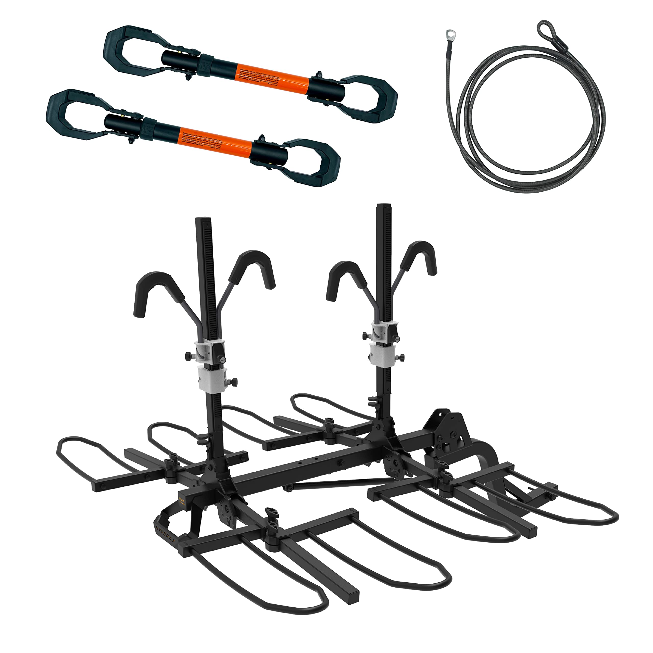 HYPERAX Special Combo - Volt RV 4X with 2X E-Bike Adapter & Steel Locking-Cable (L) -Hitch Mounted 4 Bike Rack Carrier for RV,Toad with Fits Up to 2x75lb E Bike +2X50lb Bikes with Up to 5" Fat Tire