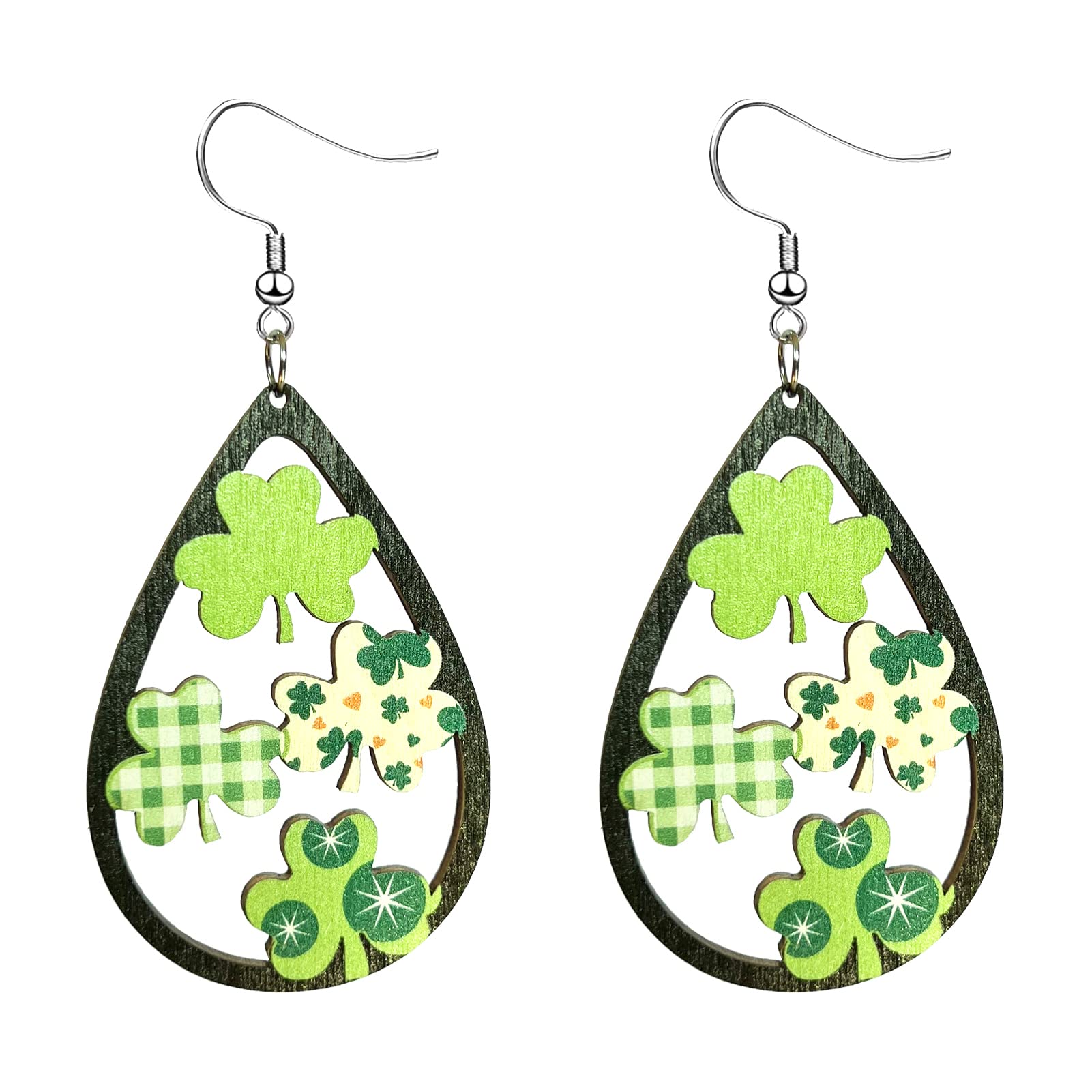 CSIYANJRY99 St Patrick's Day Shamrock Earrings Wooden Irish Teardrop Dangle Four Clover Leaf Wood Hat Horseshoe Love Drop Earrings for Women Jewelry (3)