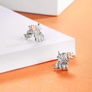 925 Sterling Silver Highland Cow Earrings Stud Necklace Hypoallergenic Animal Jewelry Gifts for Women Cow Lover (Earrings)