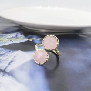 Ladywowu Rose Quartz Ring, Healing Pink Crystal Rings for Women Spiritual, Round Crystal Double Stone Ring Adjustable for Rose Quartz Jewelry, Gold Gemstone Ring Jewelry Gift for Her