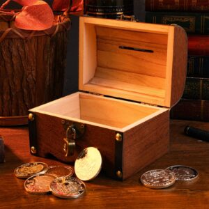 VICASKY Wooden Treasure Chest Box, Vintage Wooden Treasure Chest, Retro Wooden Treasure Chest Storage Box, Wood Treasure Organizer Coin Box Piggy Bank with Lock & Keys