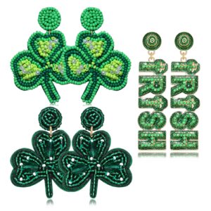 3Pairs St Patrick's Day Earrings Handmade Beaded Earrings for Women Irish Shamrock Leaf Dangle Earrings Easter Holiday Earrings Good Lucky Holiday Jewelry Gifts (3Pairs)