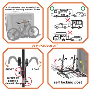 HYPERAX Special Combo - Volt RV 4X with 2X E-Bike Adapter & Steel Locking-Cable (L) -Hitch Mounted 4 Bike Rack Carrier for RV,Toad with Fits Up to 2x75lb E Bike +2X50lb Bikes with Up to 5" Fat Tire