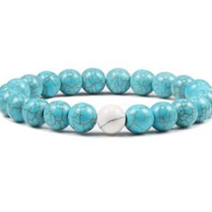 Alex & Sisters Distance Couples Beaded Bracelet Set Tiger Eye Stone Beaded Yoga Bracelets for Men and Women Elastic Rope Jewelry (white+turquoise)