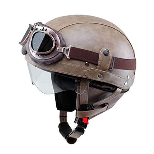 Retro Motorcycle Vespa Half Helmet, Fashion Open Face Leather Helmet, for Adult Men and Women, DOT Approved Cruiser Scooter ATV Electric Bicycle Helmet, Suitable for All Seasons-F-Large