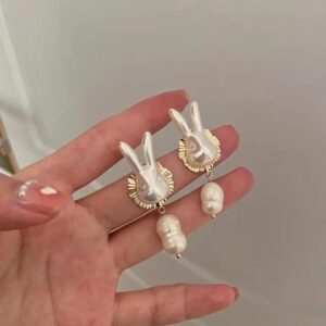 Easter Bunny Pearl Earrings 925 Silver Fashion Classy Dangle Womens Holiday Basket Gift Cute Funny Rabbit Stud