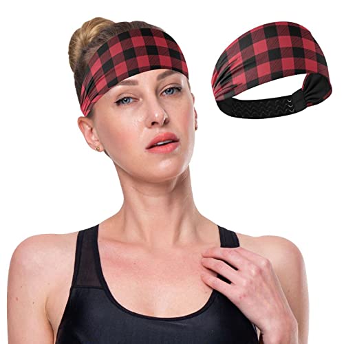 Unisex Workout Headbands Buffalo-Plaid-Happy-Camper Elastic Yoga Sweatband Stretchy Sports Hairband