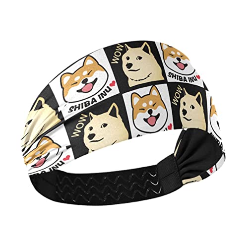 Unisex Workout Headbands Black-Grid-Shiba-Inu-Doge Elastic Yoga Sweatband Stretchy Sports Hairband