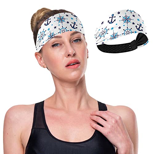 Unisex Workout Headbands Blue-sea-Navy-Anchor Elastic Yoga Sweatband Stretchy Sports Hairband