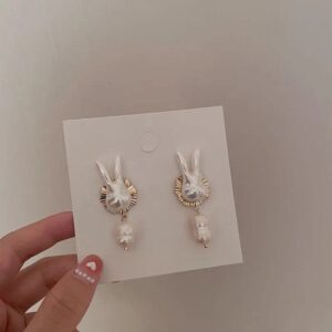 Easter Bunny Pearl Earrings 925 Silver Fashion Classy Dangle Womens Holiday Basket Gift Cute Funny Rabbit Stud